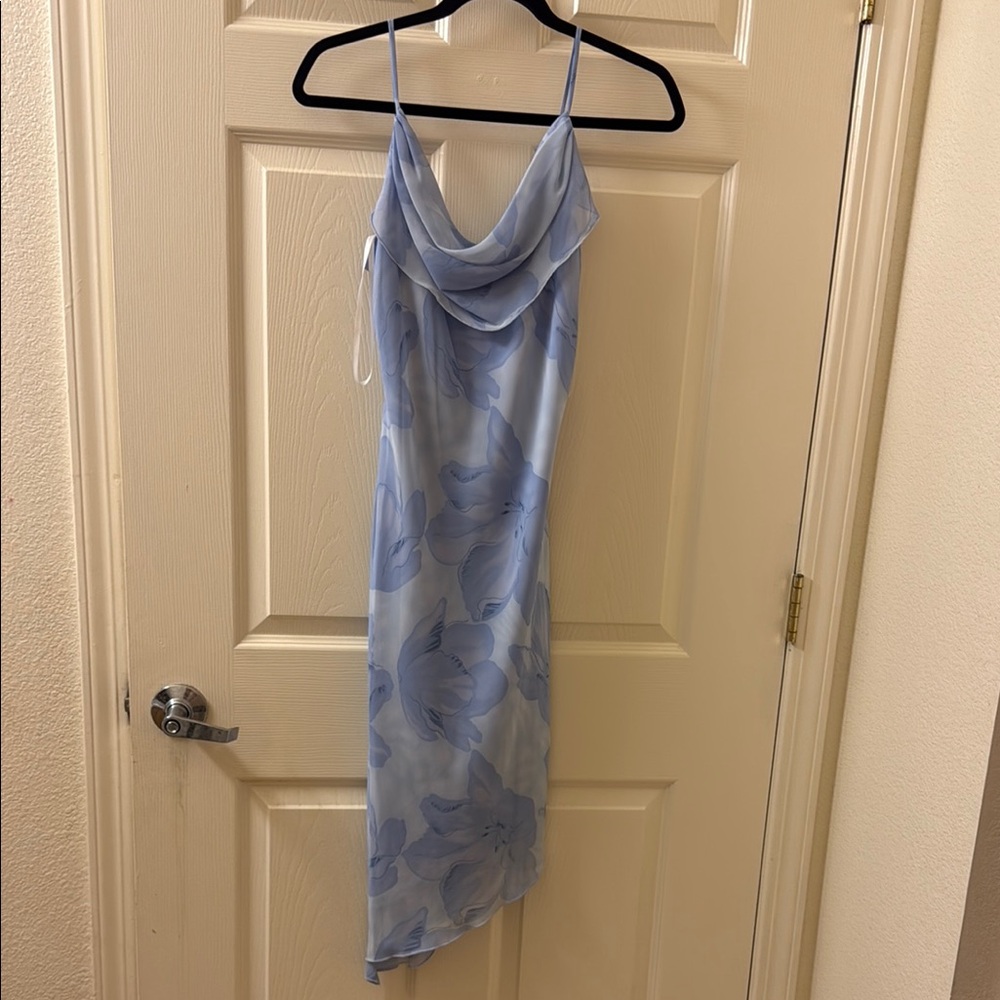 Blue Asymmetrical High-Low Slip Dress with Cowl Neck